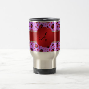 Monogram purple pastel ladybug hearts pattern travel mug