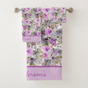Monogram Purple Pink Blue Watercolor Floral  Bath Towel Set