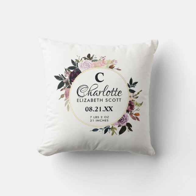 Monogram Purple Pink Floral Birth Stats Cushion (Front)