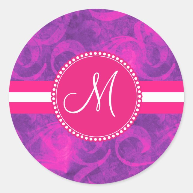 Monogram Purple Pink Floral Swirl Flourish Pattern Classic Round Sticker (Front)
