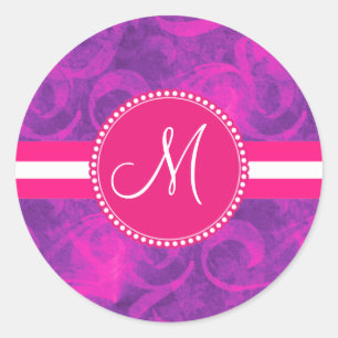Monogram Purple Pink Floral Swirl Flourish Pattern Classic Round Sticker
