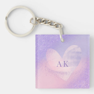 Monogram Purple Pink Gradient Heart  Key Ring