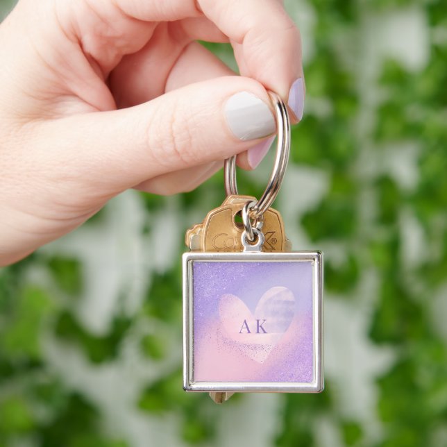 Monogram Purple Pink Gradient Heart  Key Ring (Hand)