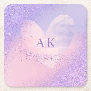 Monogram Purple Pink Gradient Heart Square Paper Coaster