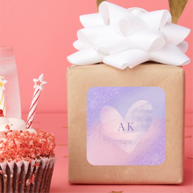 Monogram Purple Pink Gradient Heart Square Sticker (Party)