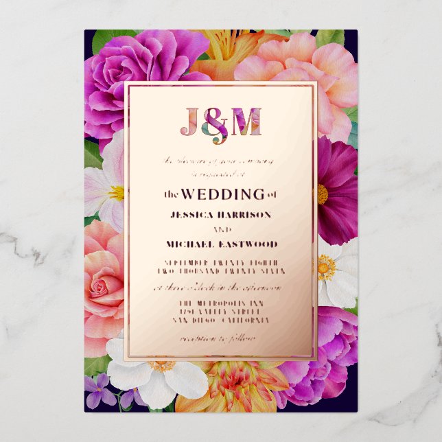 Monogram Purple Pink Roses Bold Floral Wedding (Front)