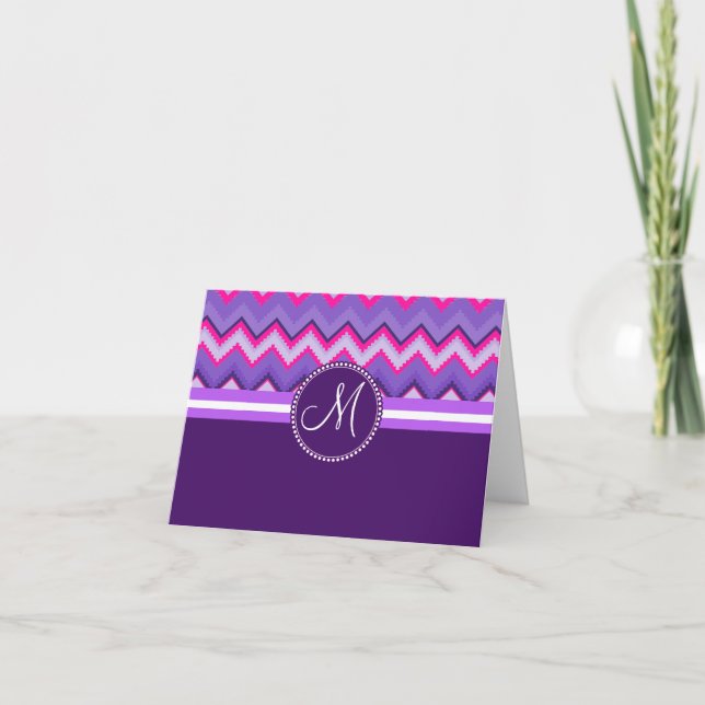 Monogram Purple Pink Tribal Chevron Zig Zags Note Card (Front)