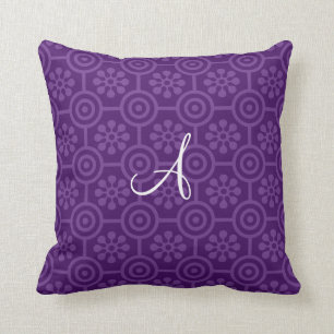 Monogram purple retro flowers and circles cushion