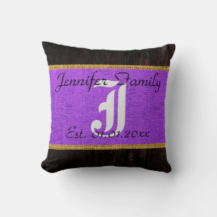 Monogram Purple Rustic Burlap Linen Wood Look Cushion