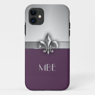 Monogram Purple Silver Faux Metal Fleur de Lis iPhone 11 Case