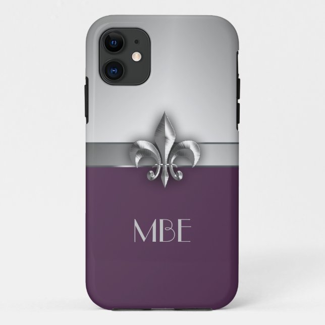 Monogram Purple Silver Faux Metal Fleur de Lis Case-Mate iPhone Case (Back)