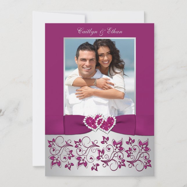 Monogram Purple Silver Floral PHOTO Wedding Invite (Front)