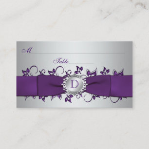 Monogram Purple Silver Floral Place Card