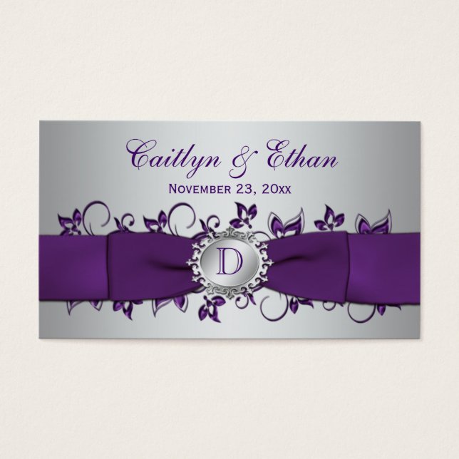 Monogram Purple Silver Floral Wedding Favour Tag (Front)