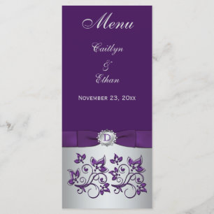Monogram Purple, Silver Grey Floral Menu Card