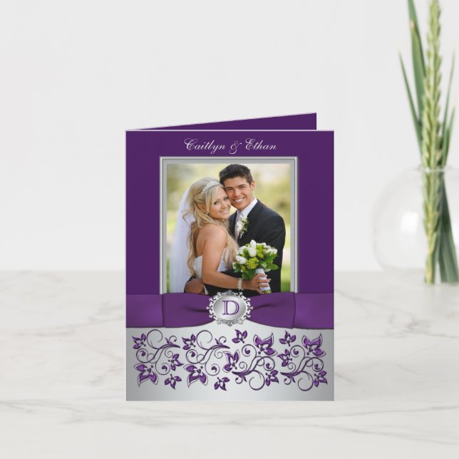 Monogram Purple, Silver Grey Floral Thank You Card (Front)