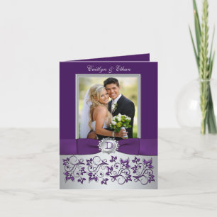 Monogram Purple, Silver Grey Floral Thank You Card