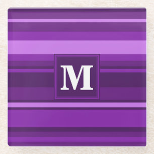 Monogram purple stripes glass coaster