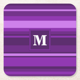 Monogram purple stripes square paper coaster