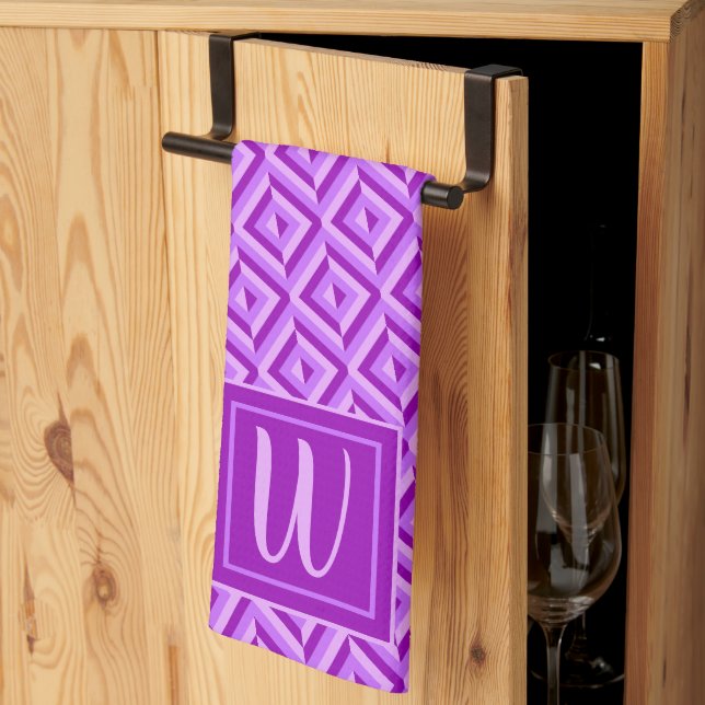 Monogram Purple Three-Tone Diamond Pattern Tea Towel (Thirds Fold)