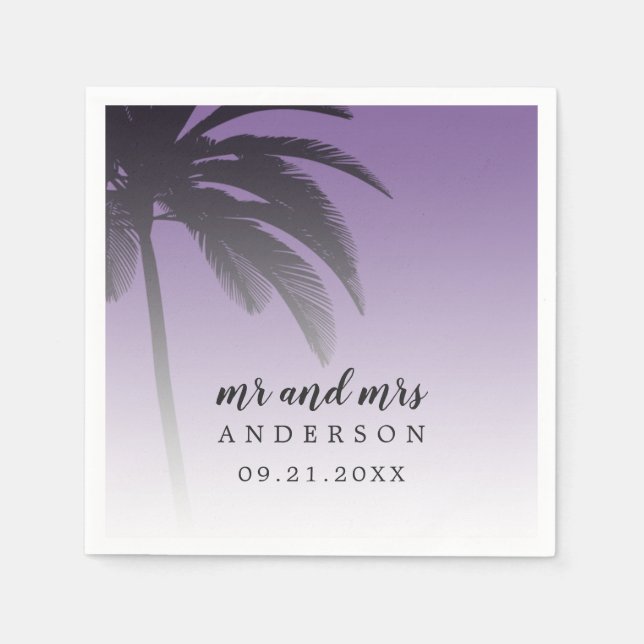 Monogram Purple Tropical Palm Tree Beach Wedding Napkin (Front)