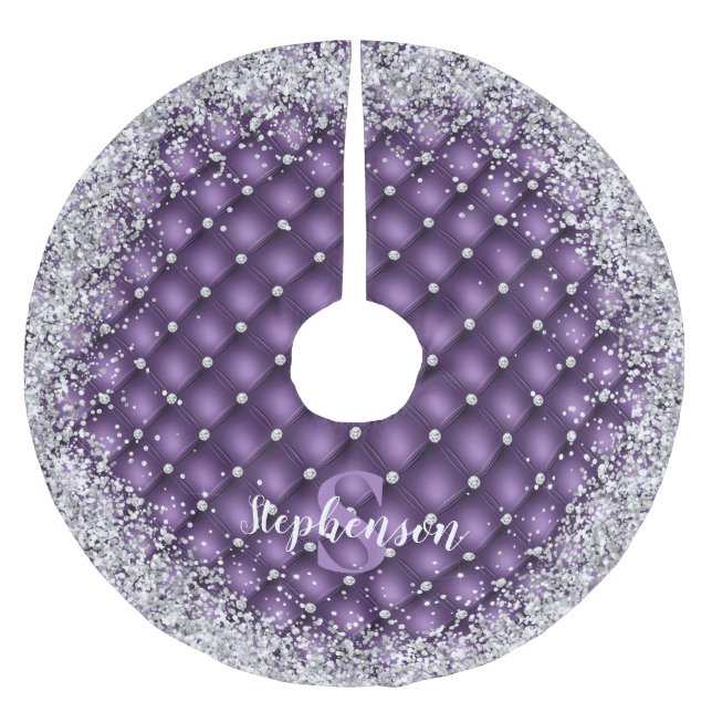 Monogram Purple Tufted Diamond Silver Glitter Glam Brushed Polyester Tree Skirt (Front)