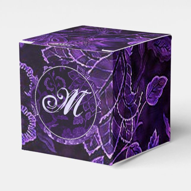 Monogram Purple Vintage Floral Cube Favour Box (Front Side)