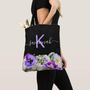 Monogram purple violet black florals script tote bag