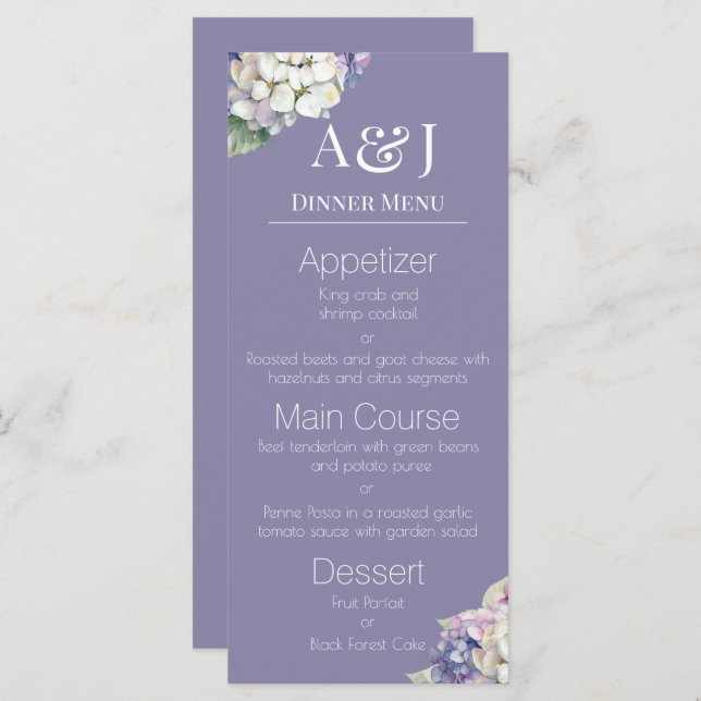 Monogram Purple & White Hydrangeas on Lavender Menu (Front/Back)