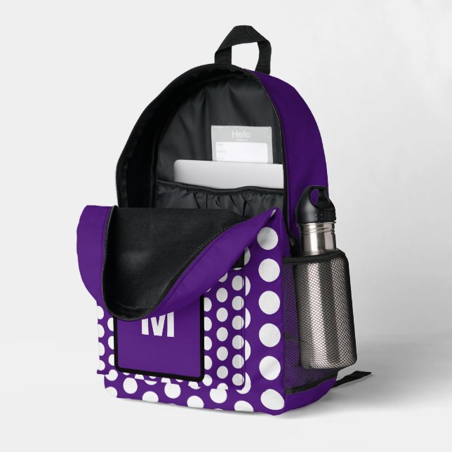 Monogram Purple White Polka Dots  Printed Backpack (Back Corner Right (Open))