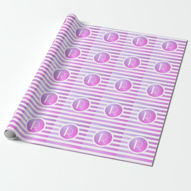 Monogram Purple & White Stripes Wrapping Paper (Unrolled)