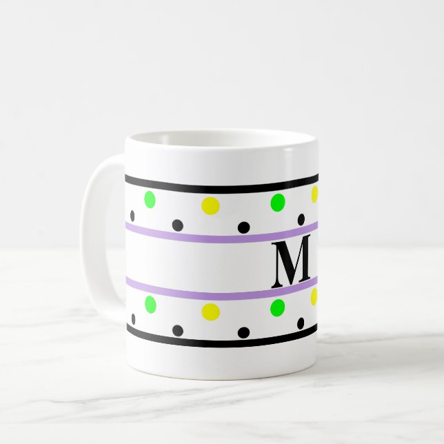 Monogram Purple Yellow Green Polka Dots Coffee Mug (Front Left)