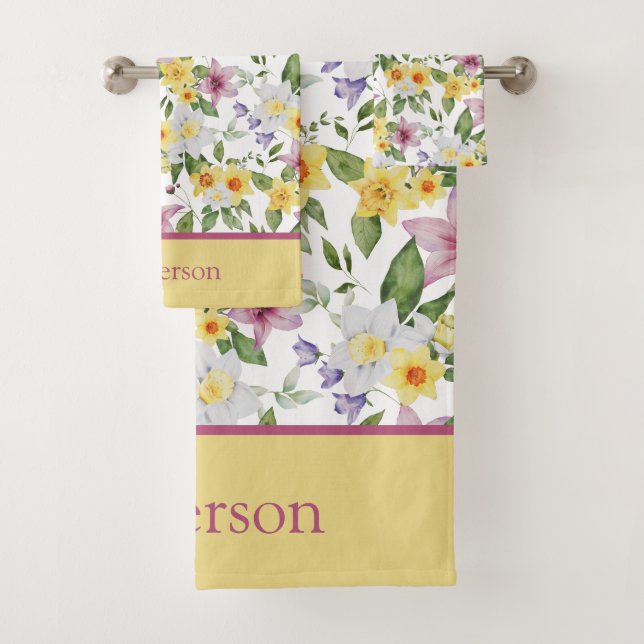 Monogram Purple Yellow White Green Floral Chic Bath Towel Set (Insitu)