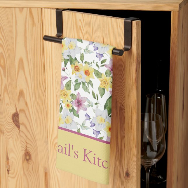 Monogram Purple Yellow White Green Floral Chic Tea Towel (Thirds Fold)