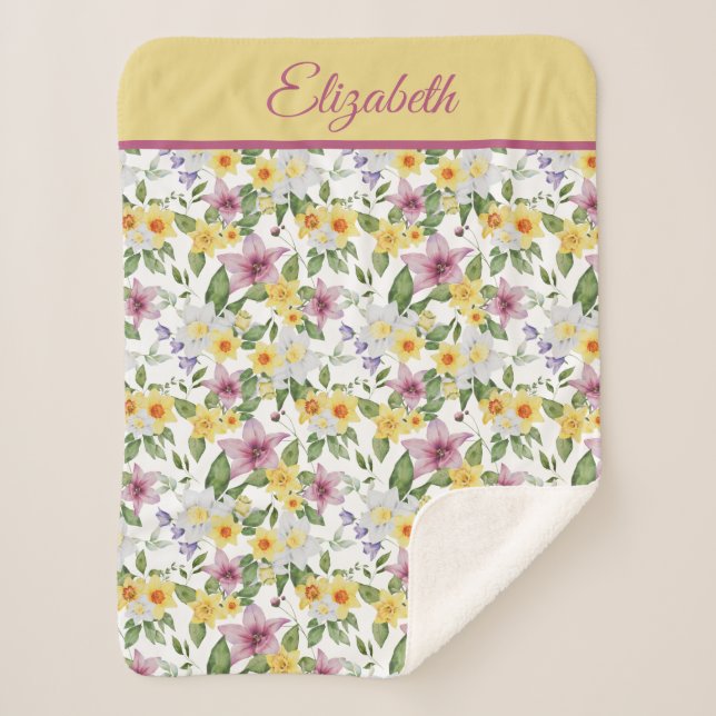 Monogram Purple Yellow White Green Floral  Sherpa Blanket (Front)