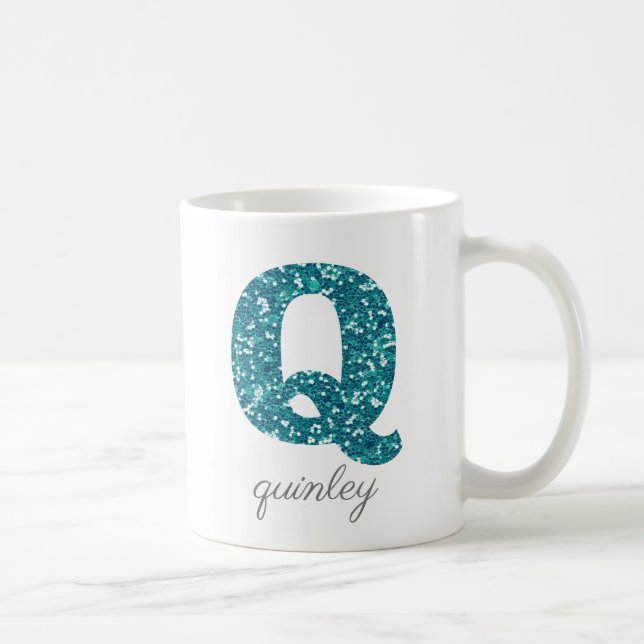 Monogram Q Aqua Glitter Personalised Mug (Right)