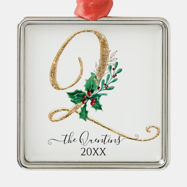 Monogram Q Christmas Glitter Gold Holly Foliage Metal Tree Decoration (Front)