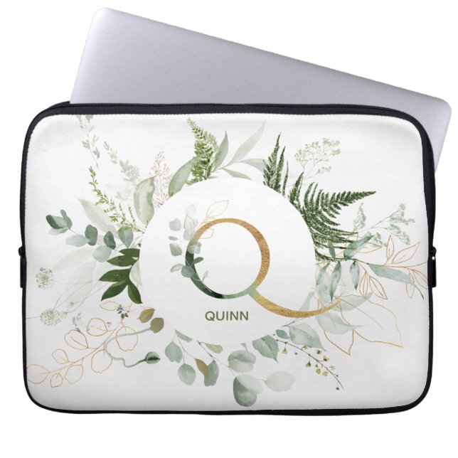 Monogram Q Fern & Eucalyptus Wreath Laptop Sleeve (Front)