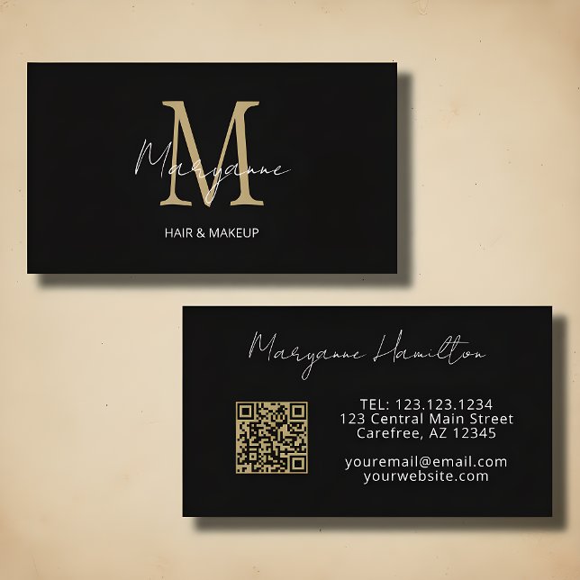 Monogram QR Code Black Gold Business Card (Creator Uploaded)