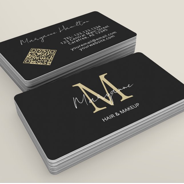 Monogram QR Code Black Gold Business Card (Creator Uploaded)