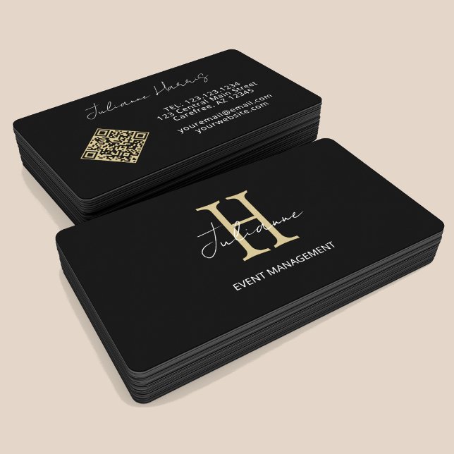 Monogram QR Code Black Gold Business Card (Creator Uploaded)