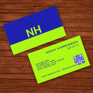 Monogram QR code blue electric lime minimalist Business Card