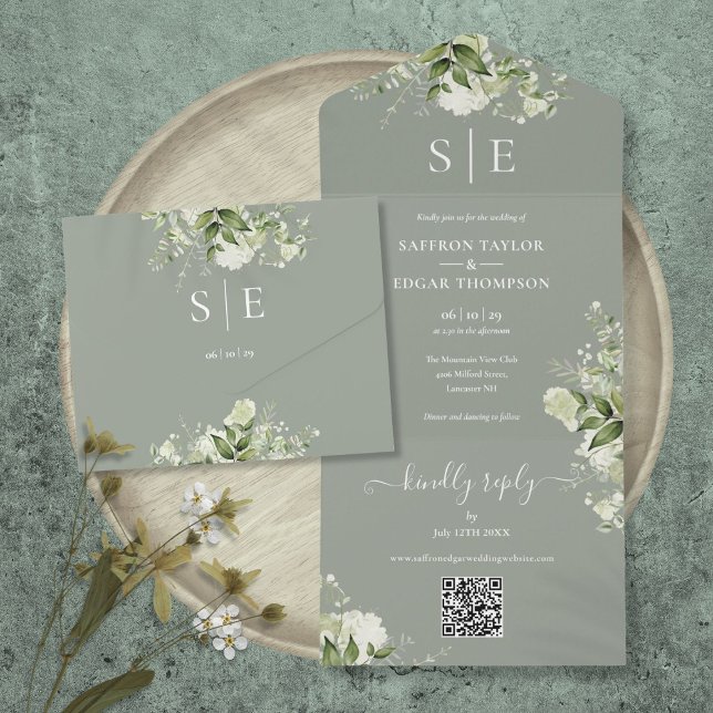 Monogram QR Code Greenery Sage Green Wedding All In One Invitation (Monogram QR Code Greenery Sage Green Wedding All In One Invitation)