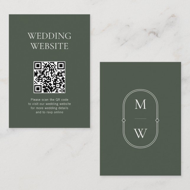 Monogram QR Code Moss Green Wedding Website Enclosure Card (Front/Back)