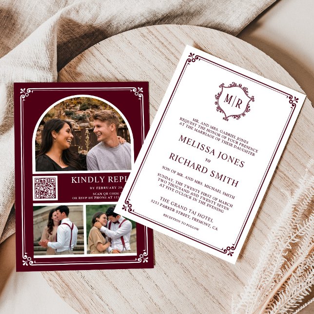 Monogram QR Code Photo Collage Burgundy Wedding Invitation (Creator Uploaded)