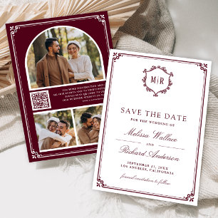 Monogram QR Code Photo Collage Burgundy Wedding Save The Date