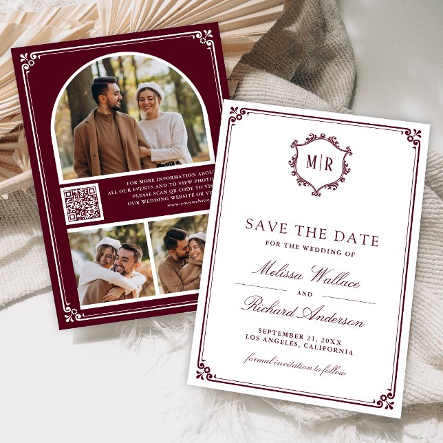Monogram QR Code Photo Collage Burgundy Wedding Save The Date (Creator Uploaded)