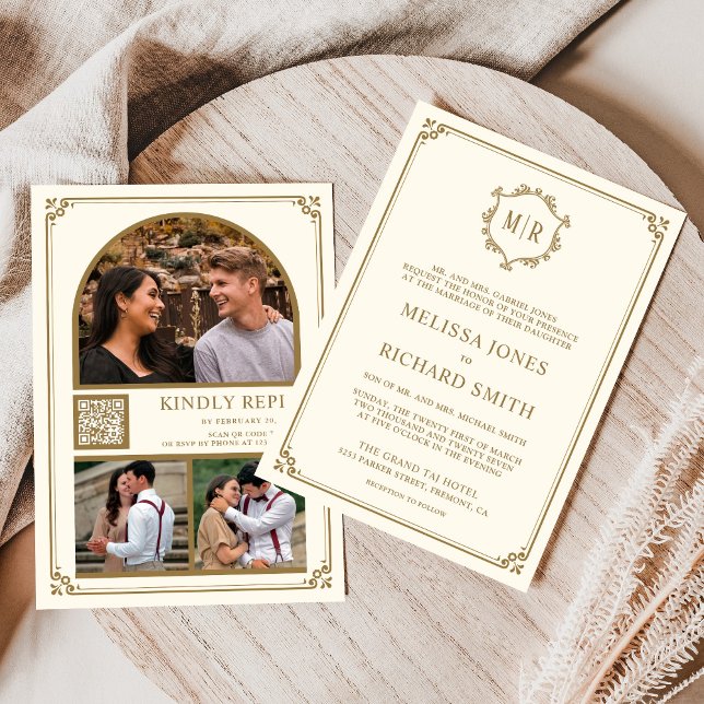 Monogram QR Code Photo Collage Cream Gold Wedding Invitation (Creator Uploaded)