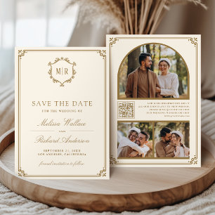 Monogram QR Code Photo Collage Cream Gold Wedding Save The Date