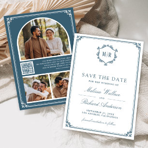 Monogram QR Code Photo Collage Dusty Blue Wedding Save The Date